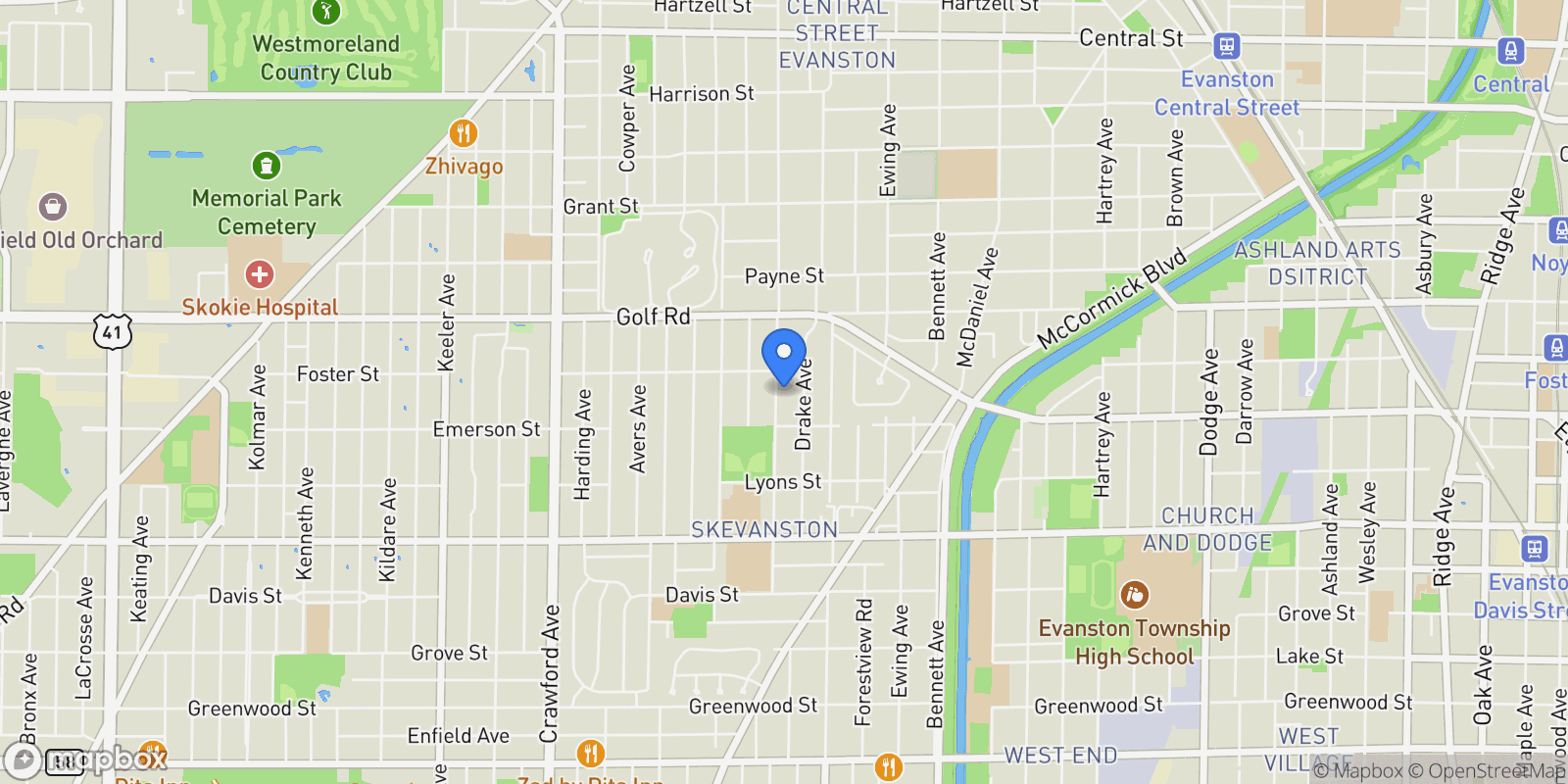 Map showing 9435 Central Park Avenue, Evanston, IL, 60203, USA, Skokie, Illinois, United States.