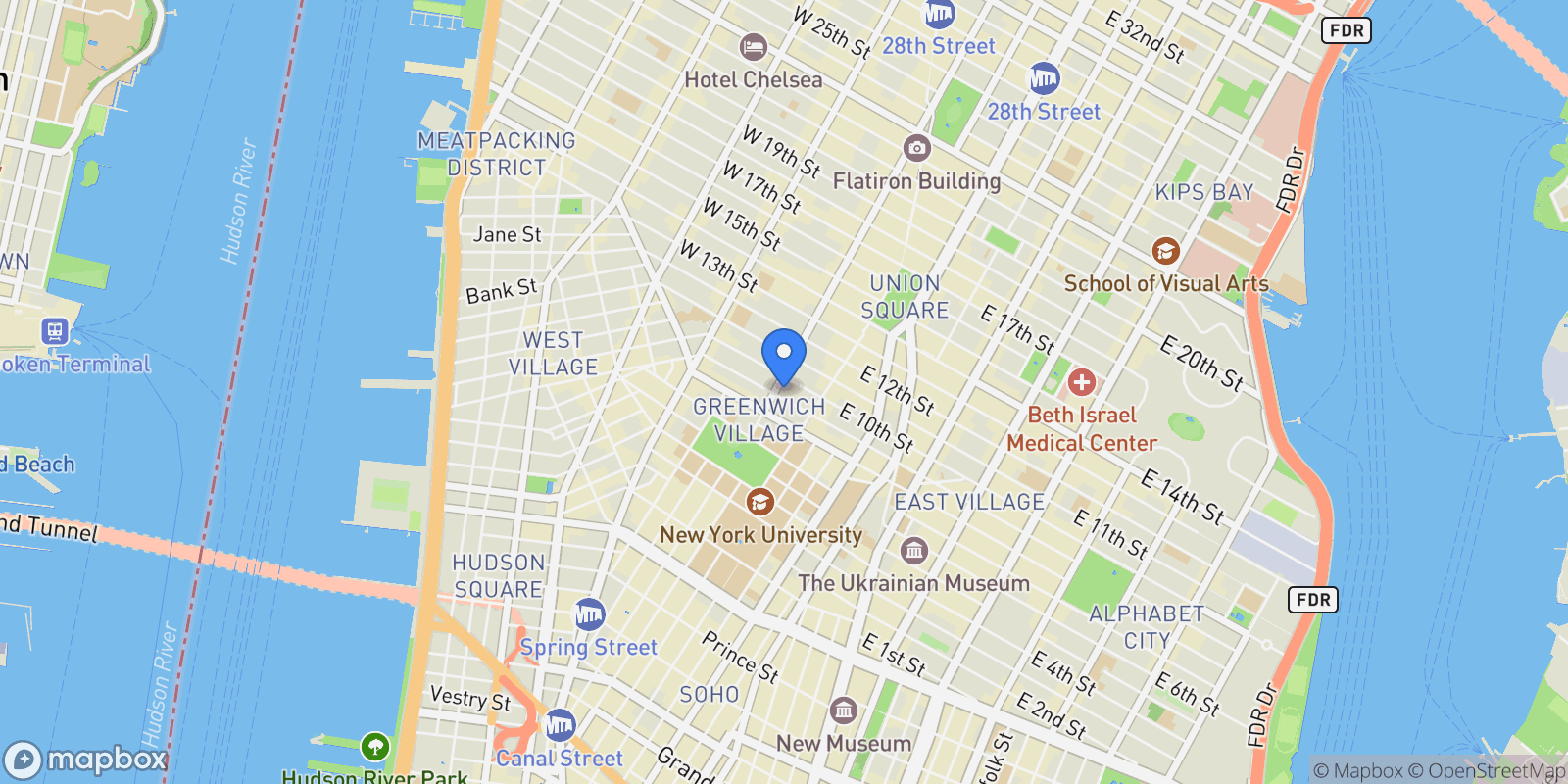 Map showing 25 FIFTH AVE, New York, New York, United States.