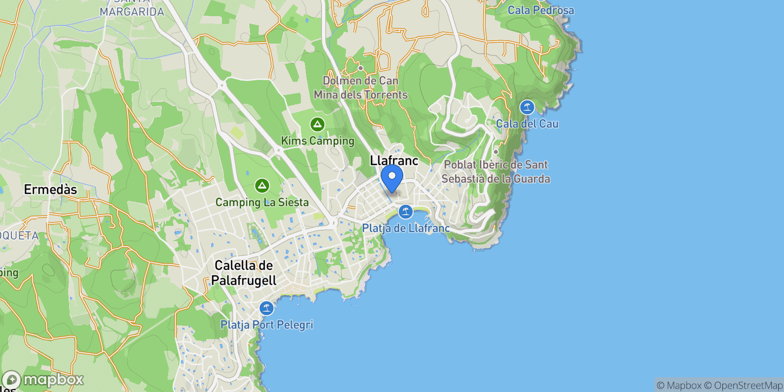 Map showing Girona, Llafranc, Palafrugell, Catalonia.