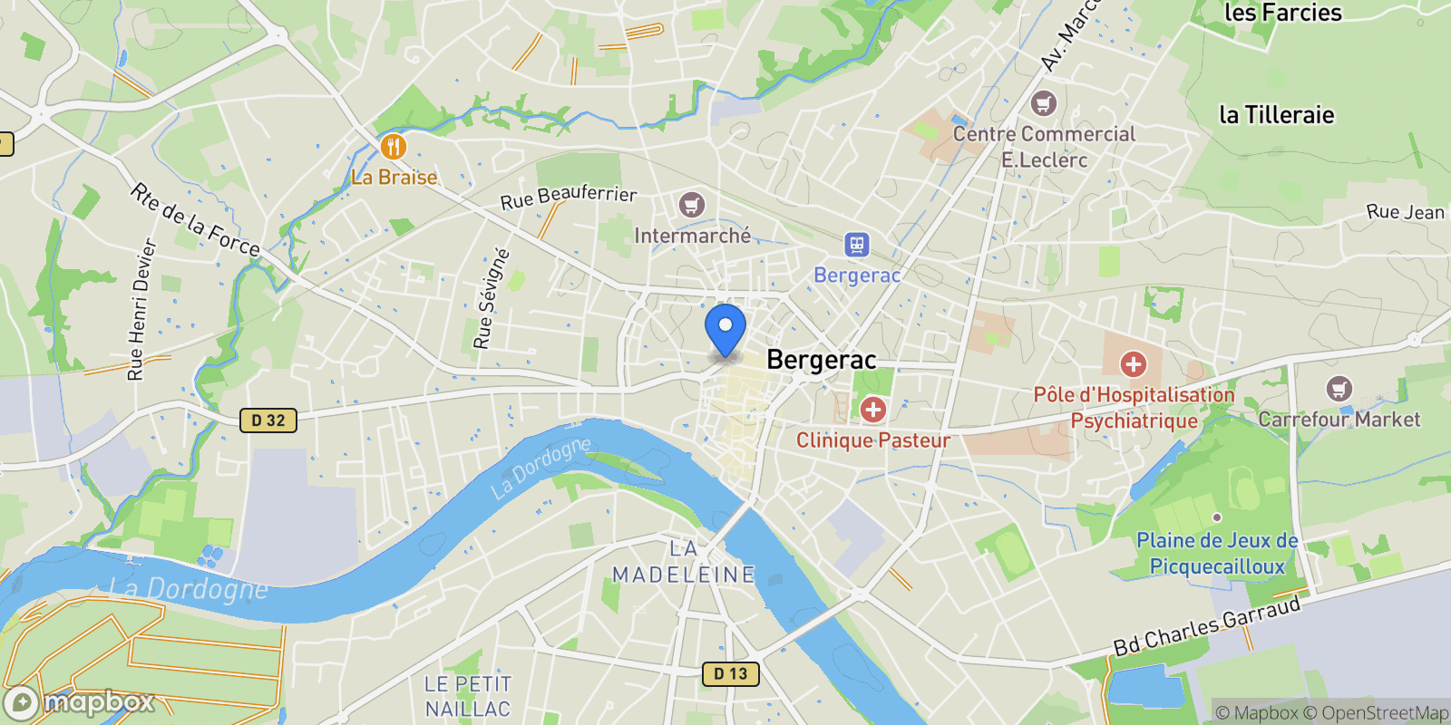Map showing Bergerac, Nouvelle-Aquitaine, France.