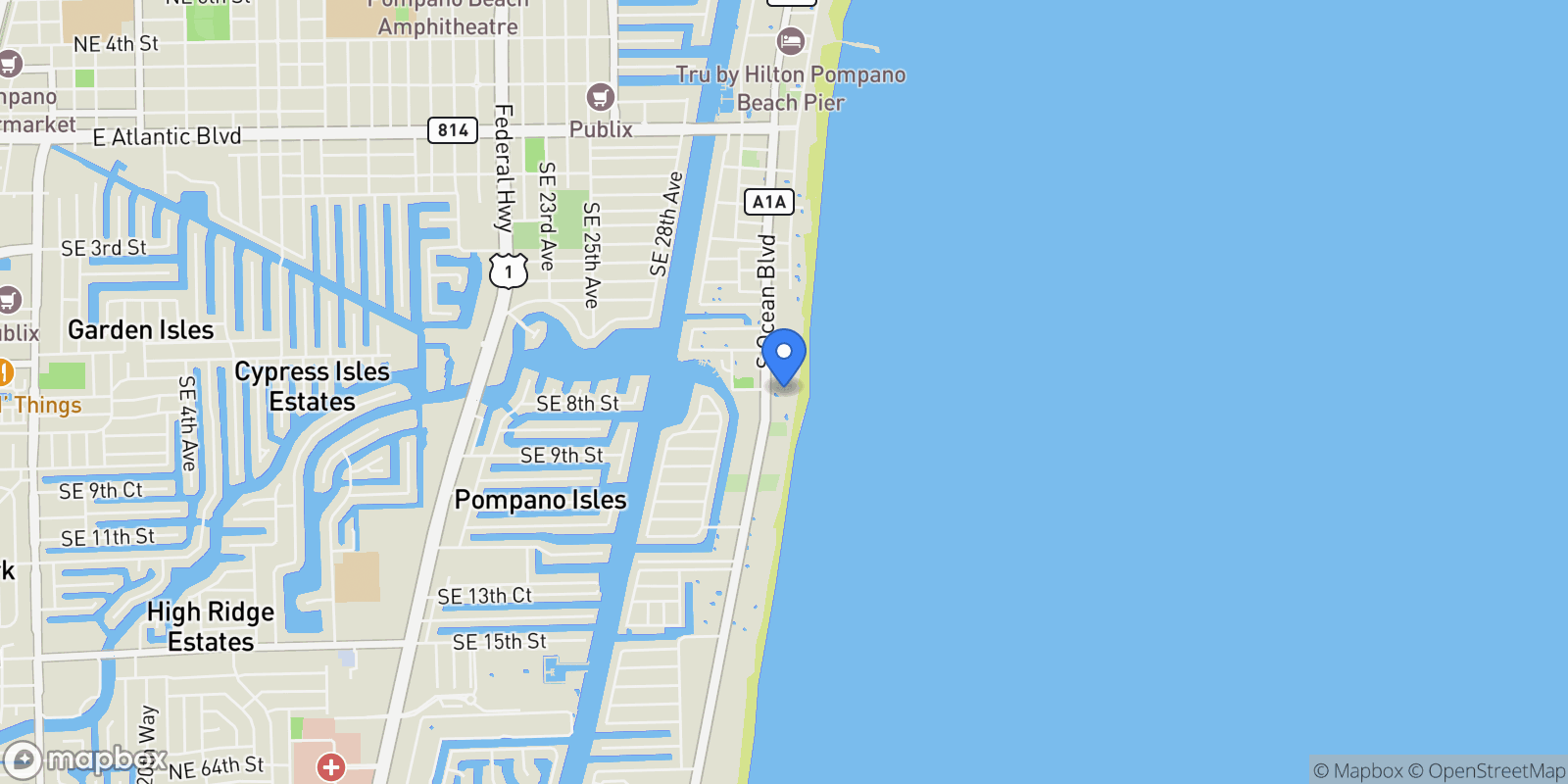 Map showing 1300 S Ocean Blvd PH5, Hillsboro Beach, Florida, United States.