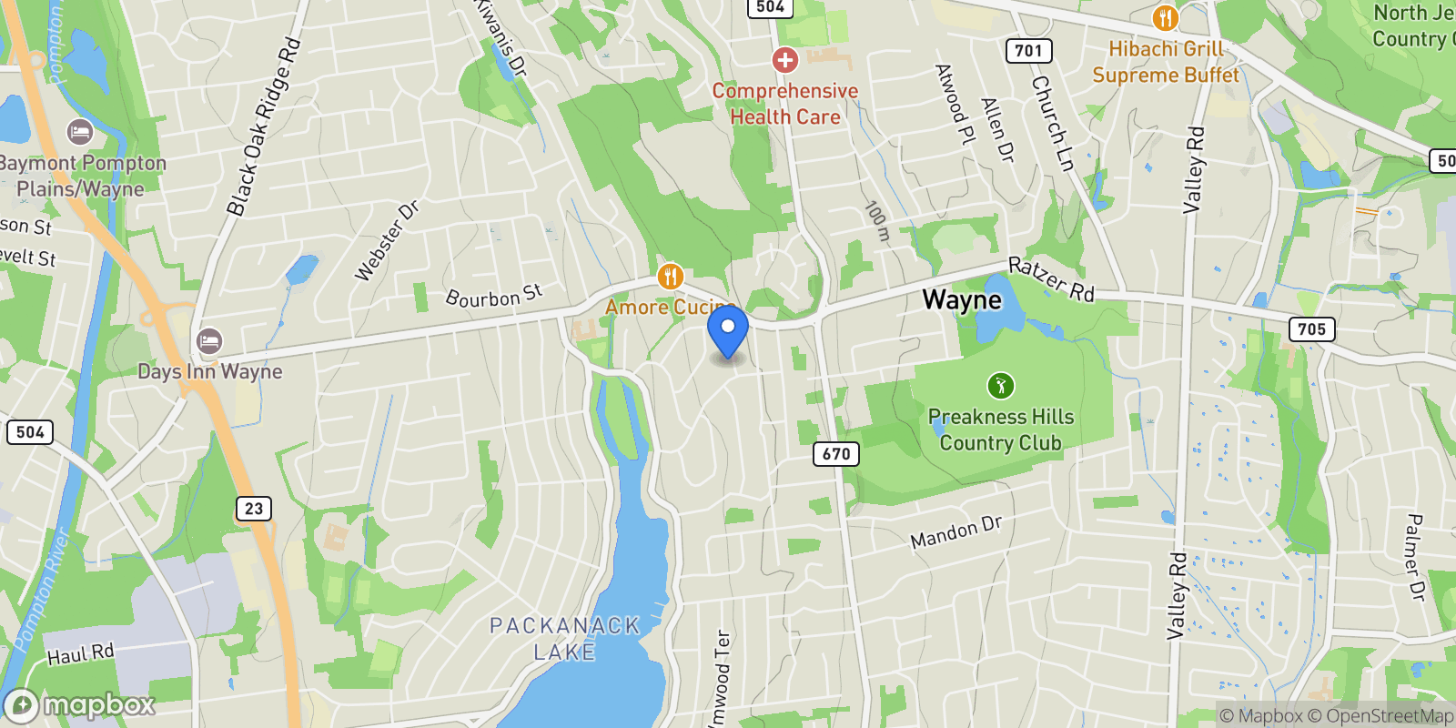 Map showing 64 Powderhorn Drive, Wayne, NJ 07470, Wayne, New Jersey, United States.