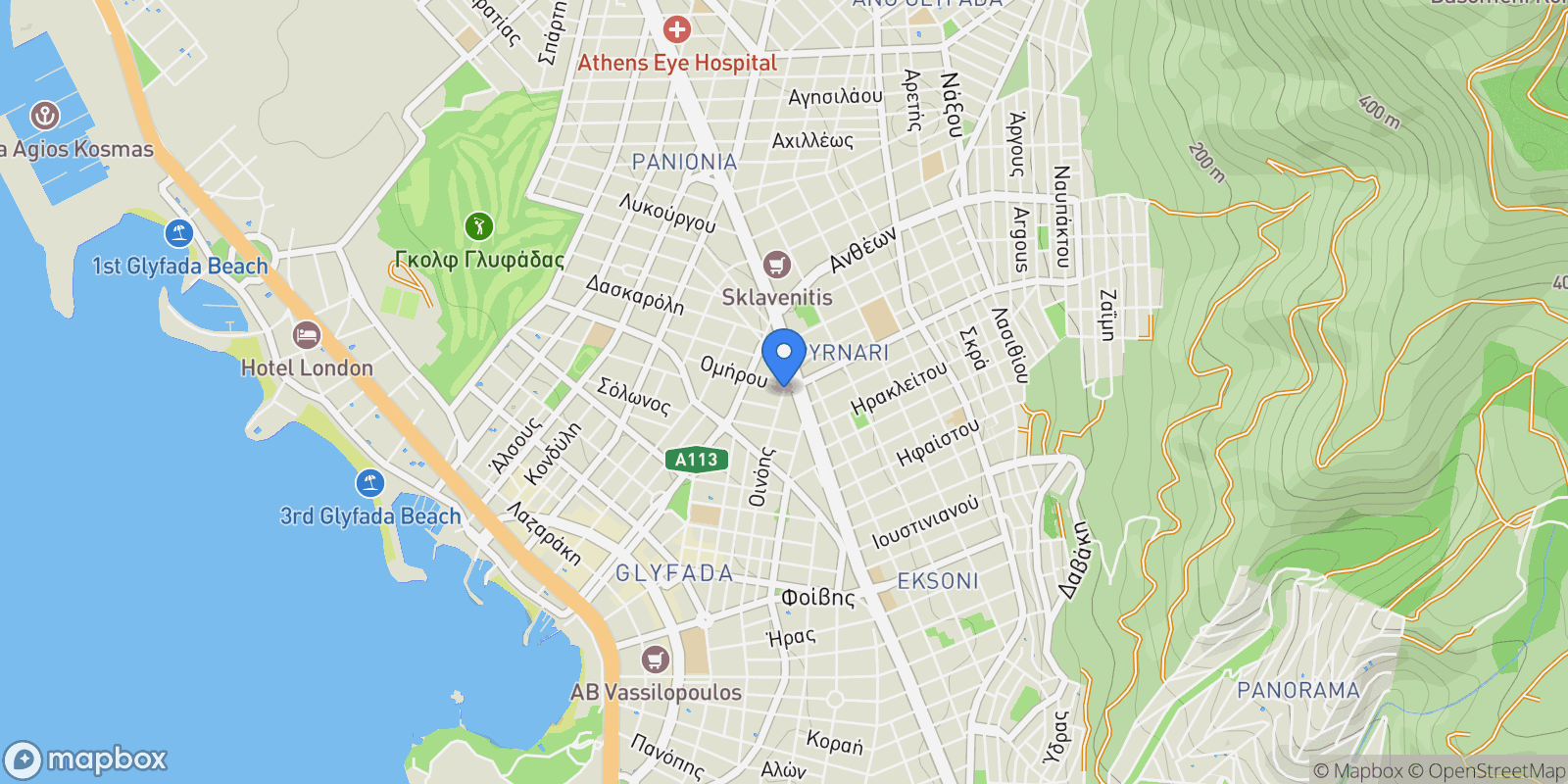 Map showing Oinois 1, Glifada 166 74, Greece, Glyfada, Attica, Greece.