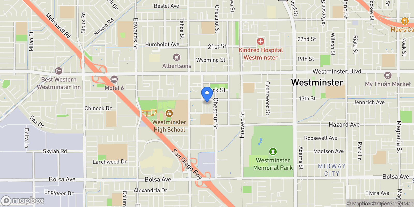 Map showing 14267 Village Way, Westminster, California, United States.