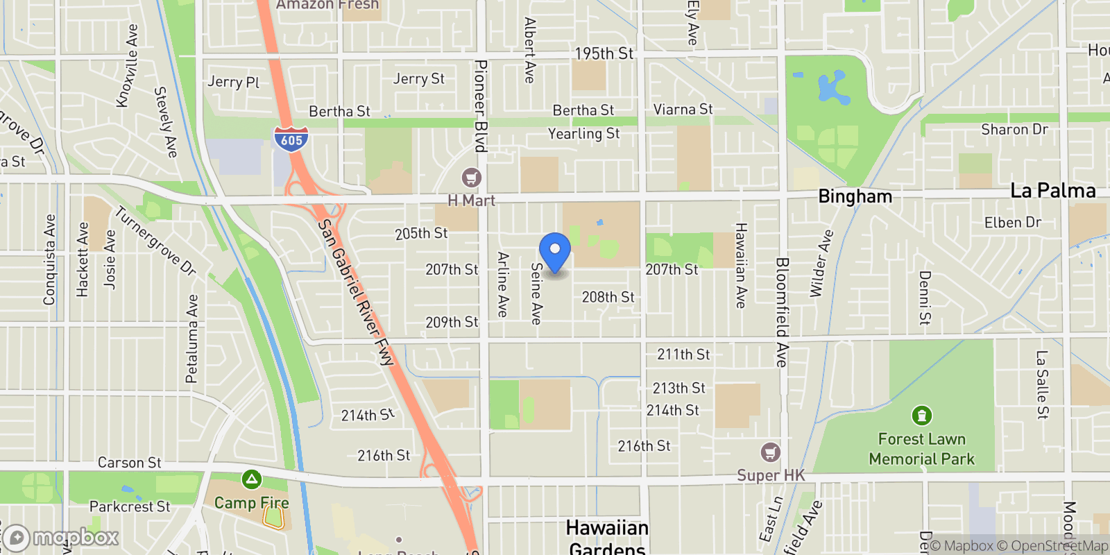 Map showing 11932 207th Street, Lakewood, California, United States.