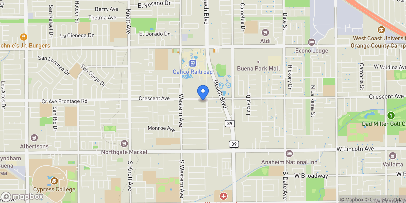 Map showing 7720 Crescent Avenue, Buena Park, California, United States.