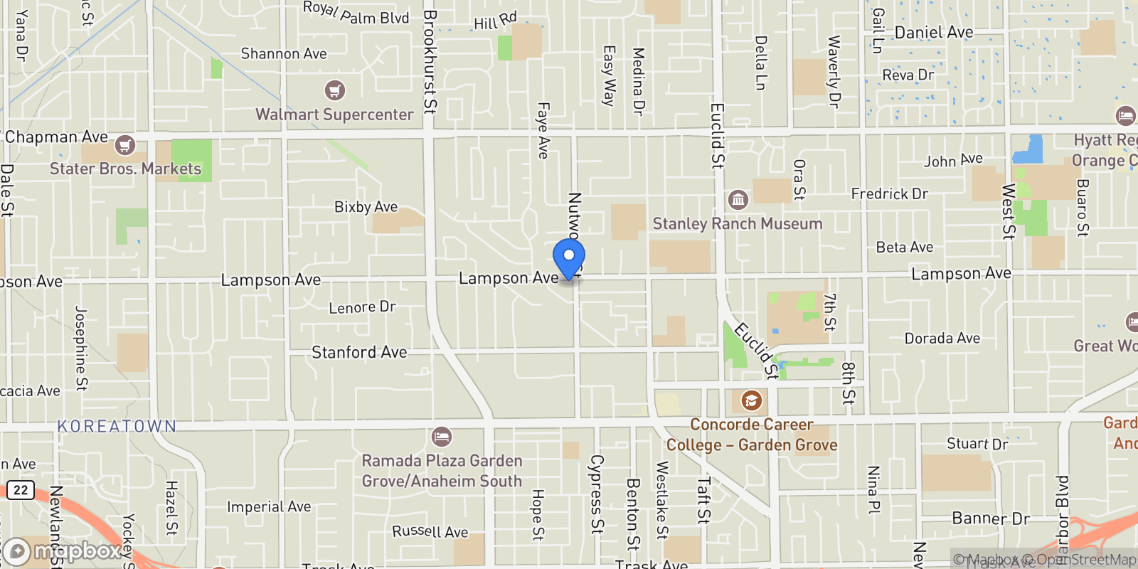 Map showing 10442 Lampson Avenue, Garden Grove, California, United States.