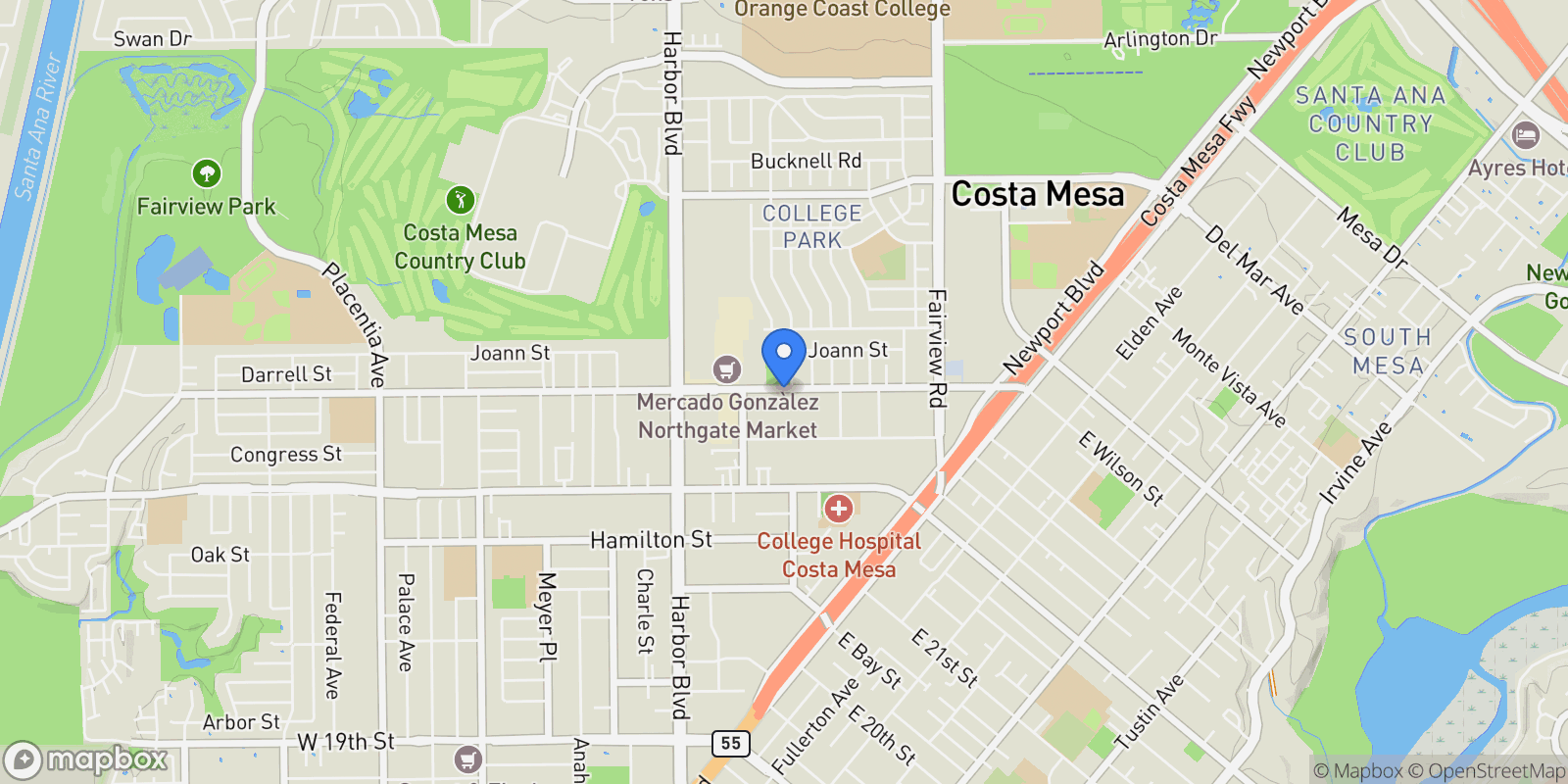 Map showing 365 W Wilson Street, Costa Mesa, California, United States.