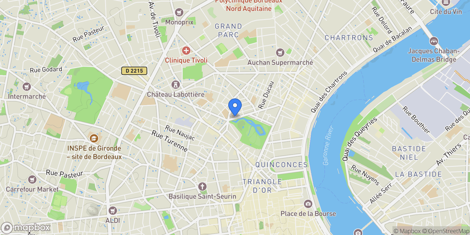 Map showing Bordeaux, Nouvelle-Aquitaine, France.