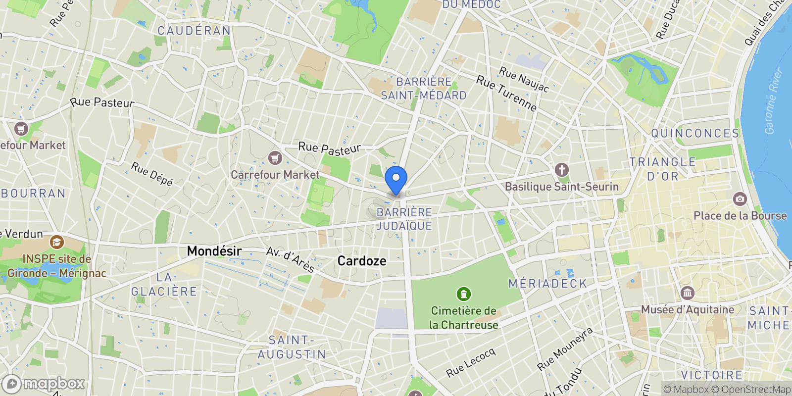 Map showing Bordeaux, Nouvelle-Aquitaine, France.