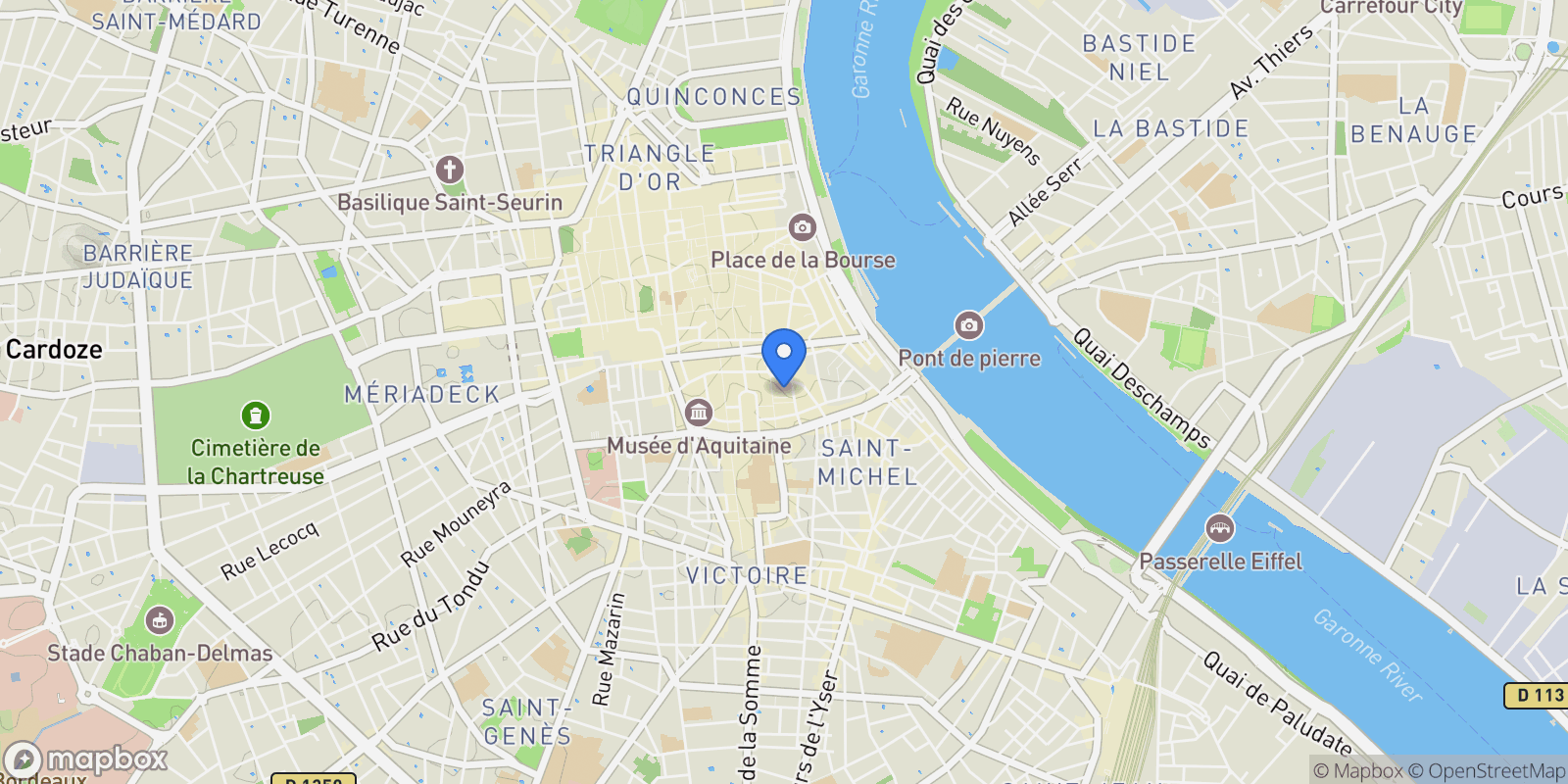 Map showing Bordeaux, Nouvelle-Aquitaine, France.