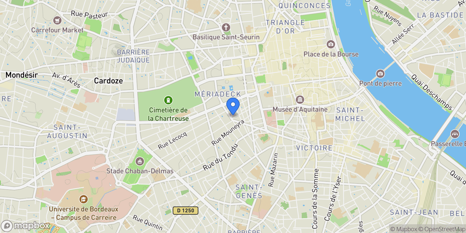 Map showing Bordeaux, Nouvelle-Aquitaine, France.