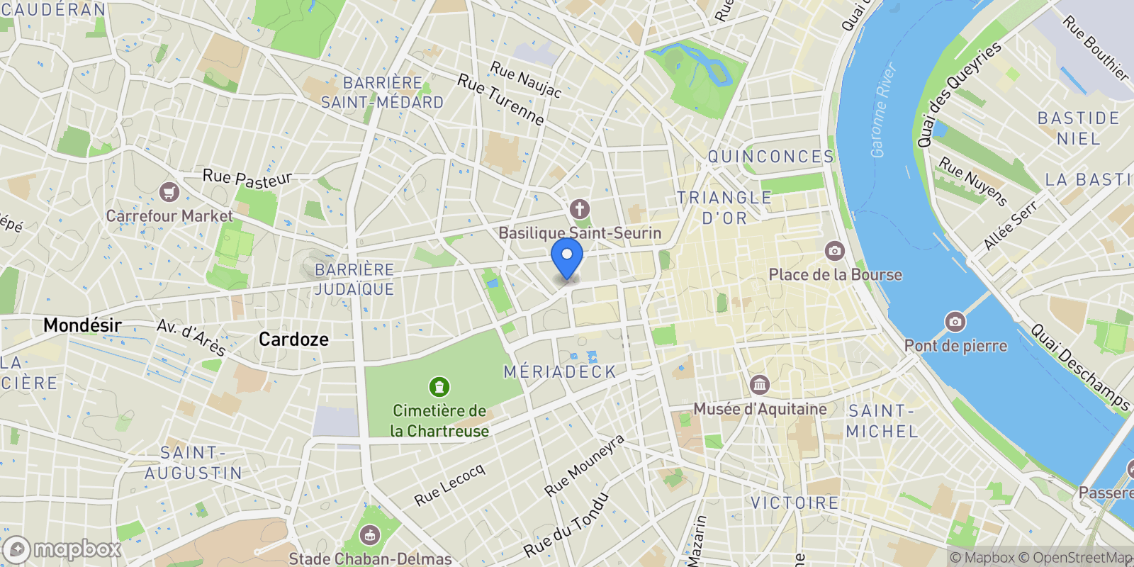 Map showing Bordeaux, Nouvelle-Aquitaine, France.