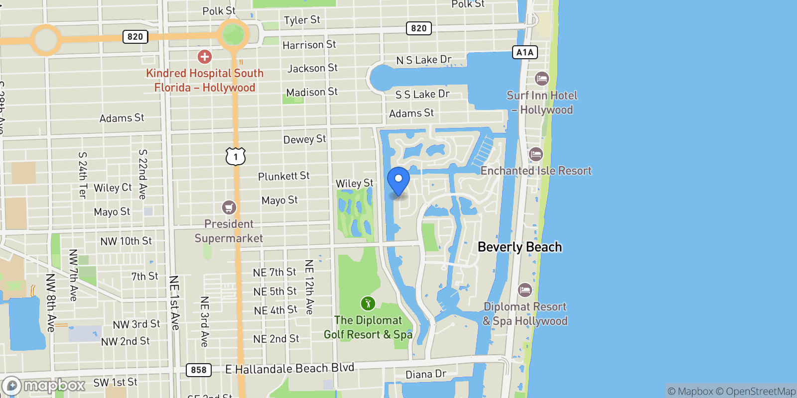Map showing 1500 Shoreline Way, Hollywood, Florida, United States.