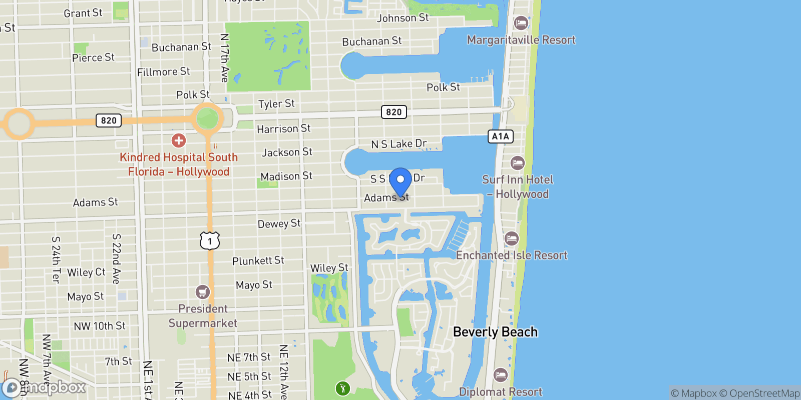 Map showing 1030 Adams St, Hollywood, Florida, United States.