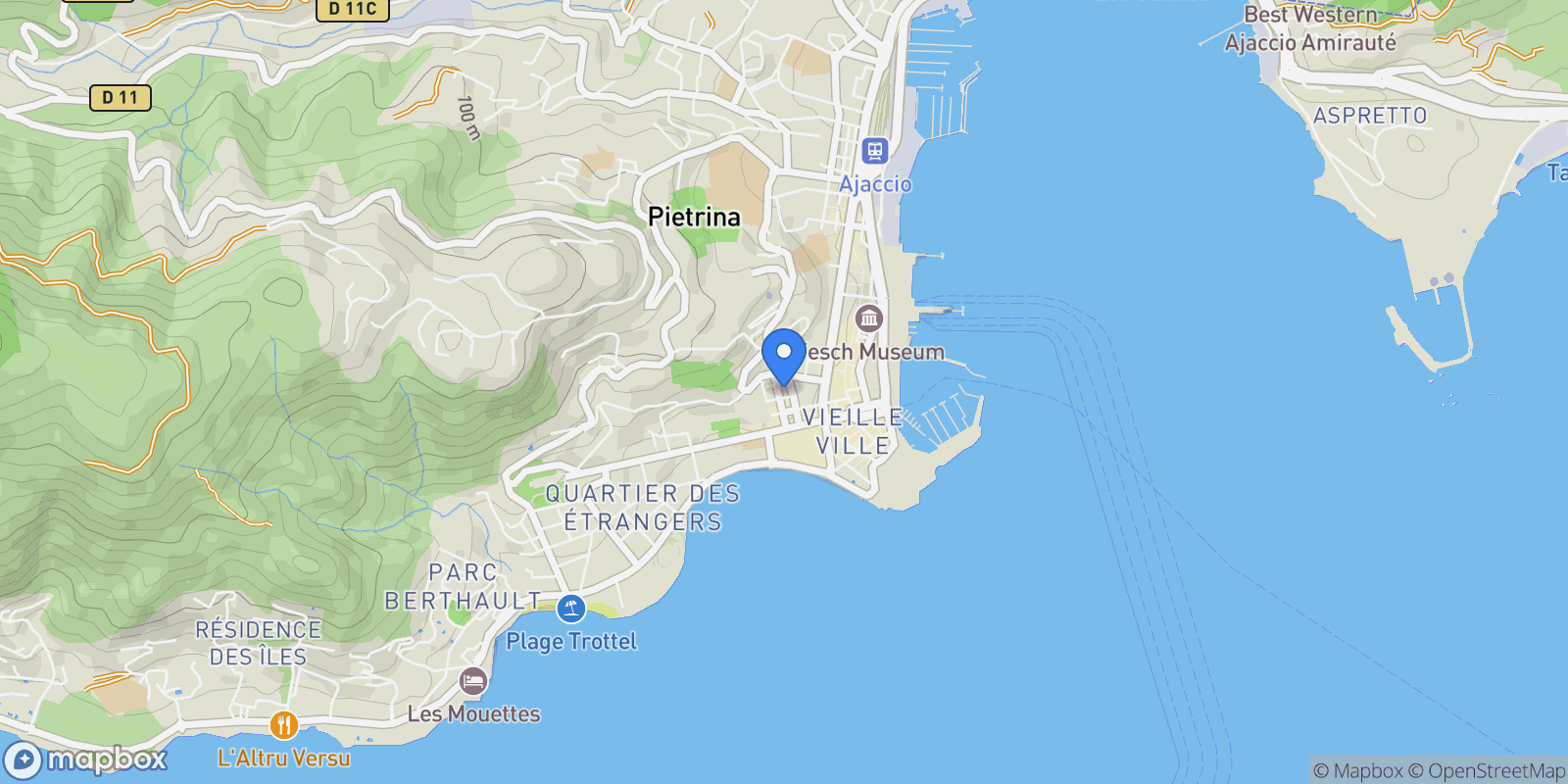 Map showing Ajaccio, Corsica, France.