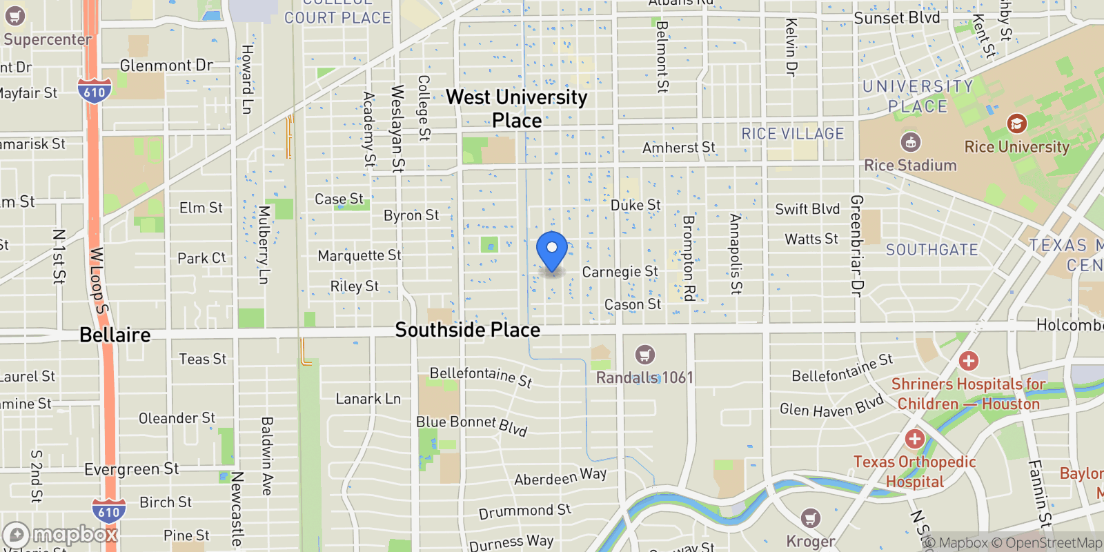 Map showing 3515 Carnegie Street, West University Place, TX 77005, Houston, Texas, United States.