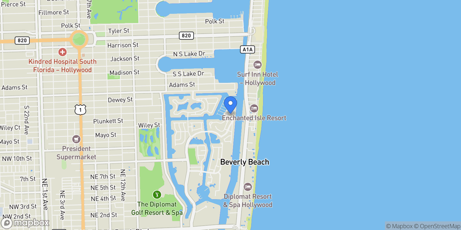 Map showing 1295 Hatteras Ln, Hollywood, Florida, United States.