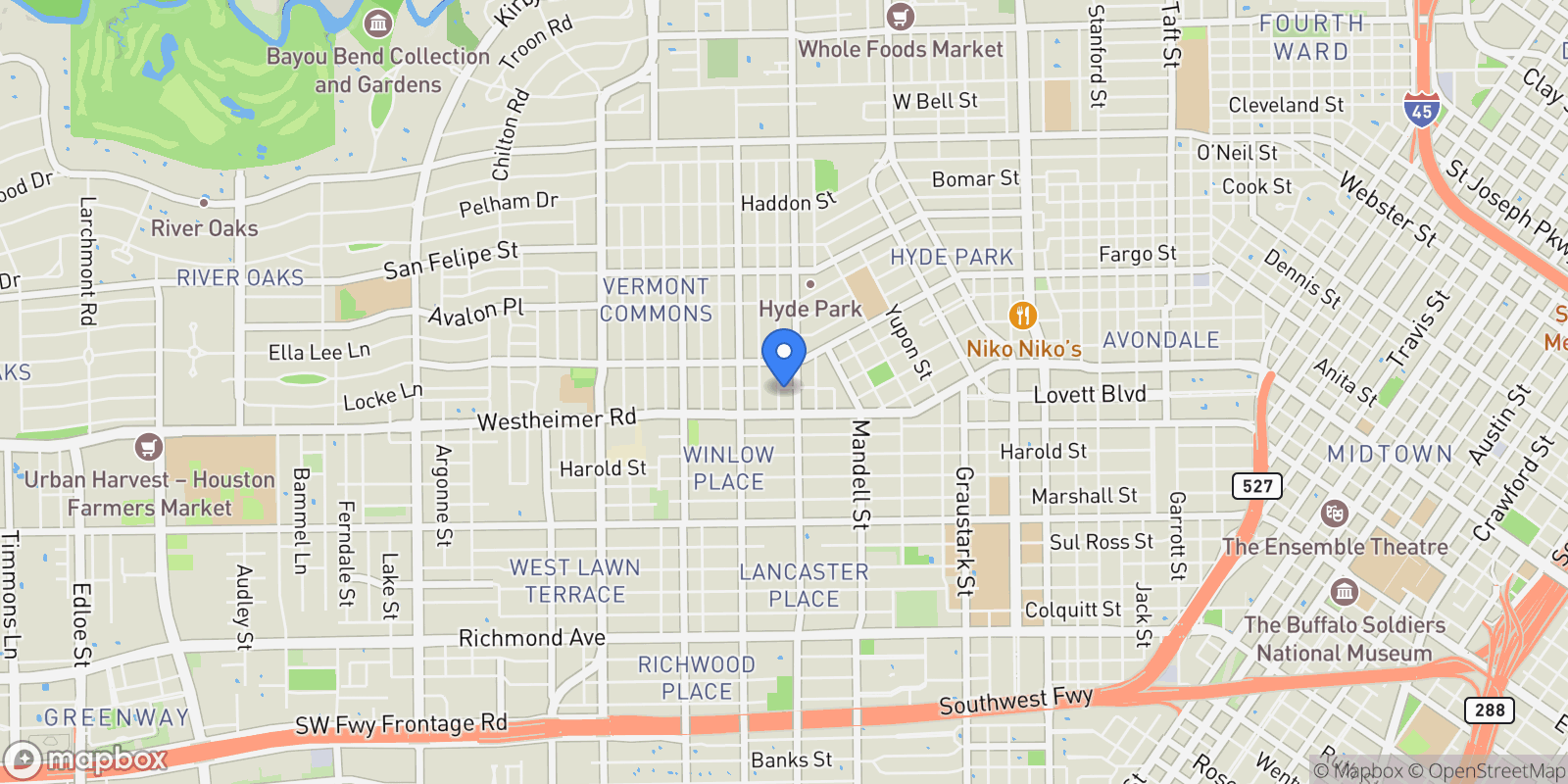 Map showing 1919 Missouri Street, Houston, TX 77019, Houston, Texas, United States.