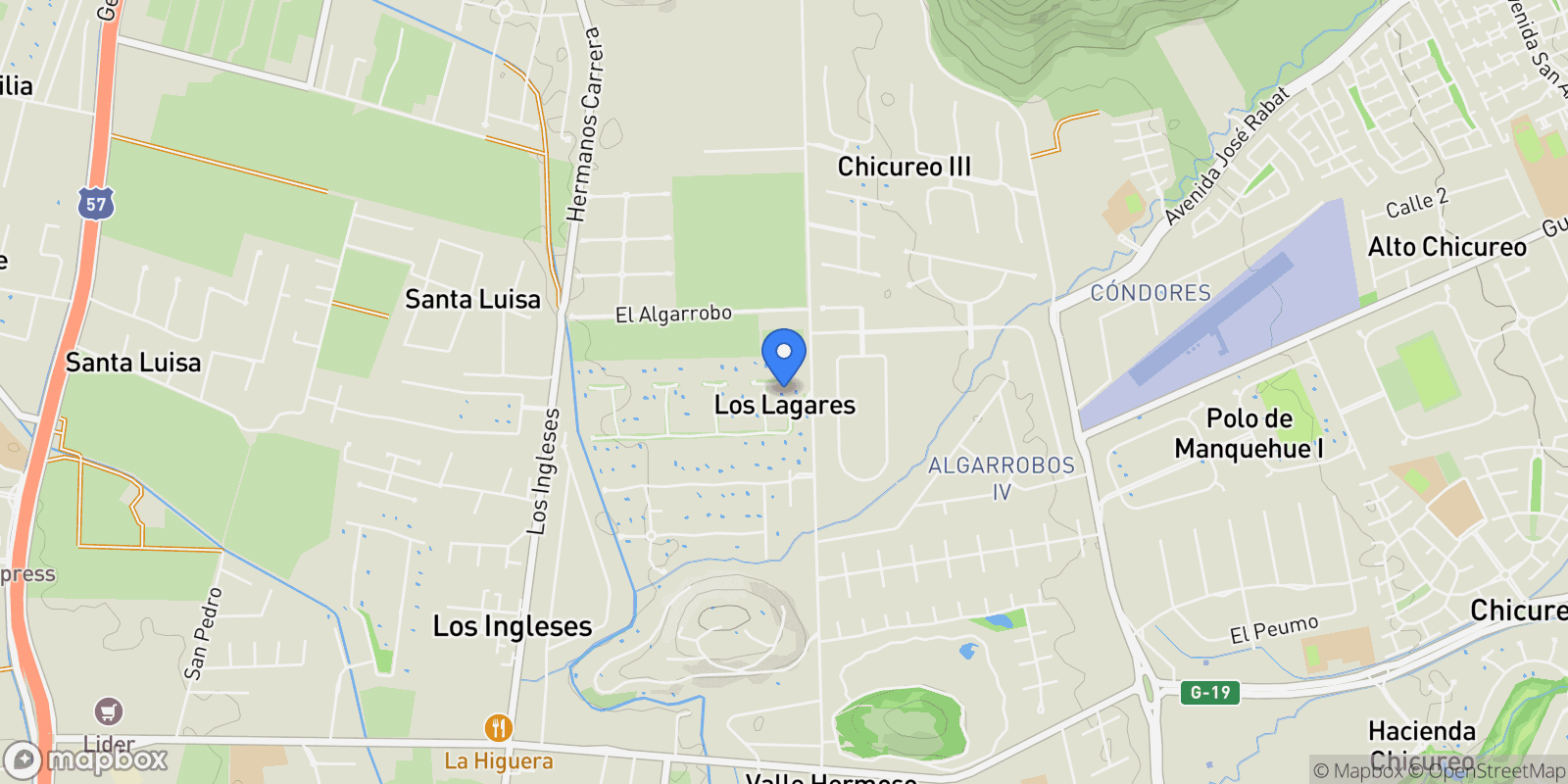 Map showing Camino El Algarrobo, Colina, Chicureo, Santiago Metropolitan Region, Chile.