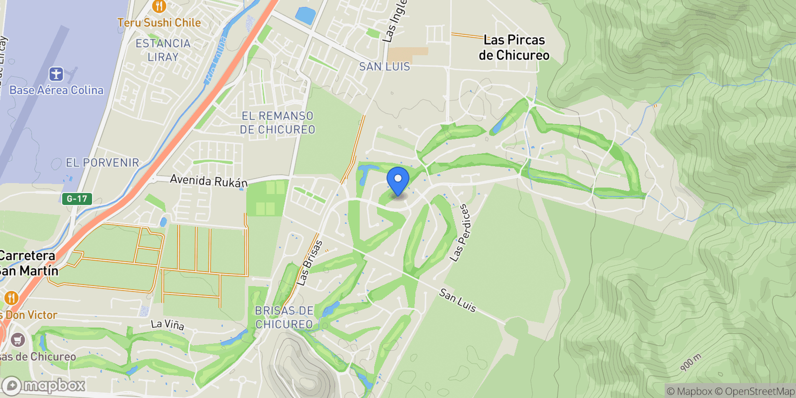 Map showing Las Brisas de Chicureo, Colina, Colina, Santiago Metropolitan Region, Chile.