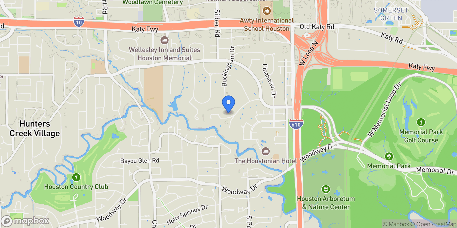 Map showing 119 Carnarvon Drive, Houston, TX 77024, Houston, Texas, United States.