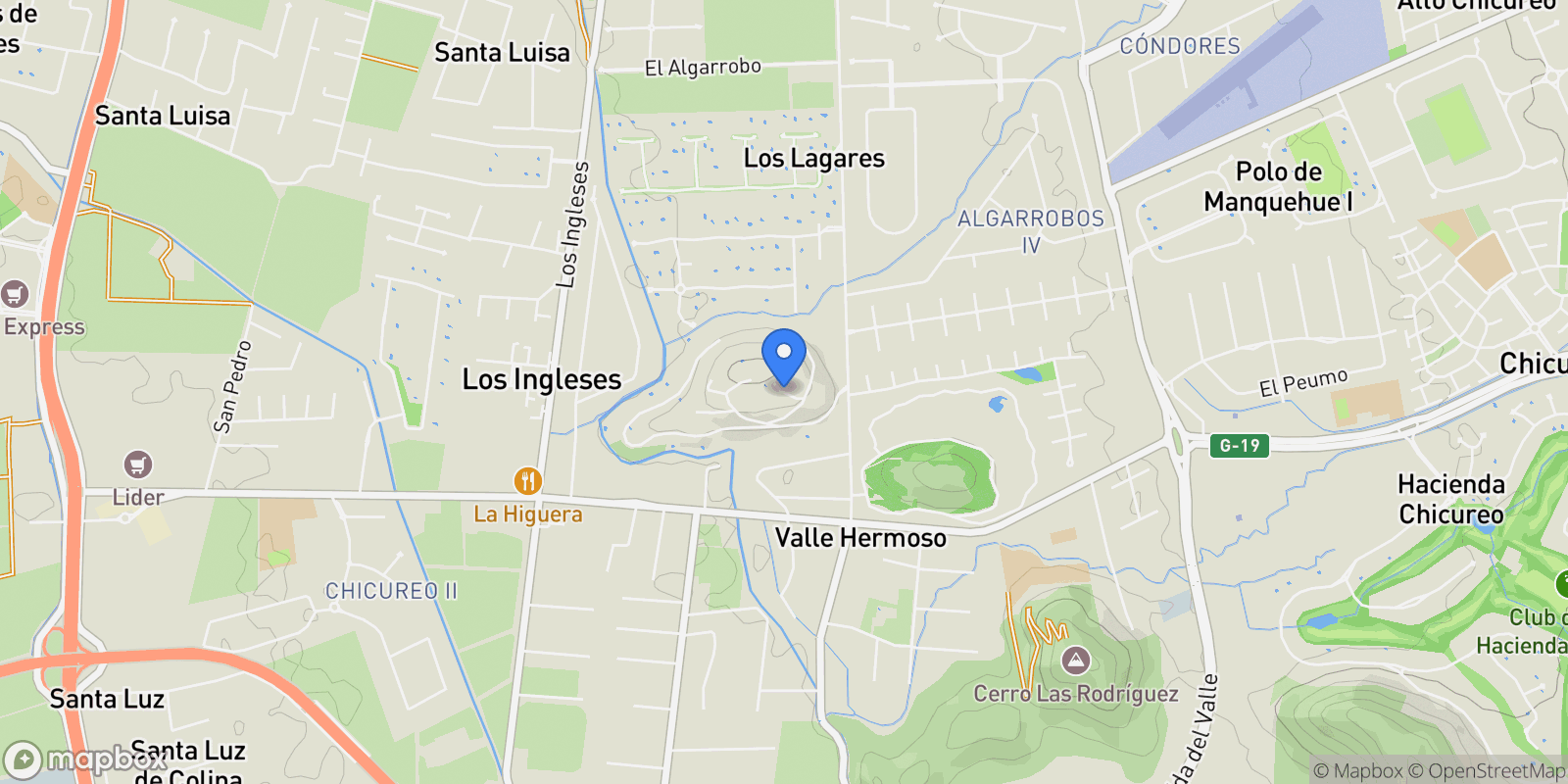 Map showing Condominio Cerro La Pava  Chicureo, Colina,, Colina, Chicureo, Santiago Metropolitan Region, Chile.
