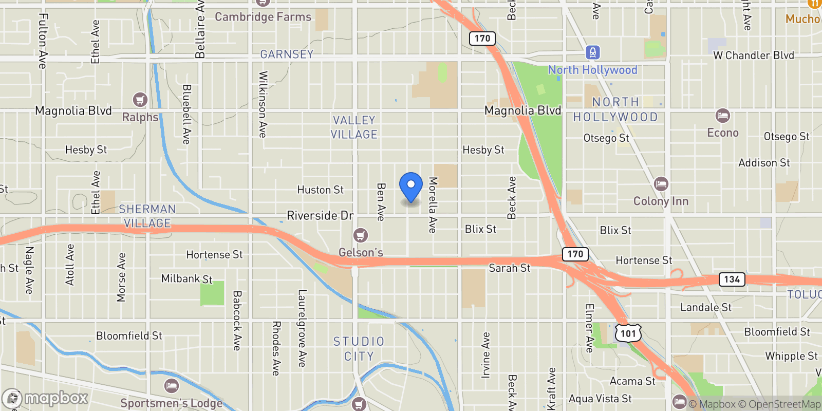 Map showing 4828 Radford Ave, Los Angeles, California, United States.