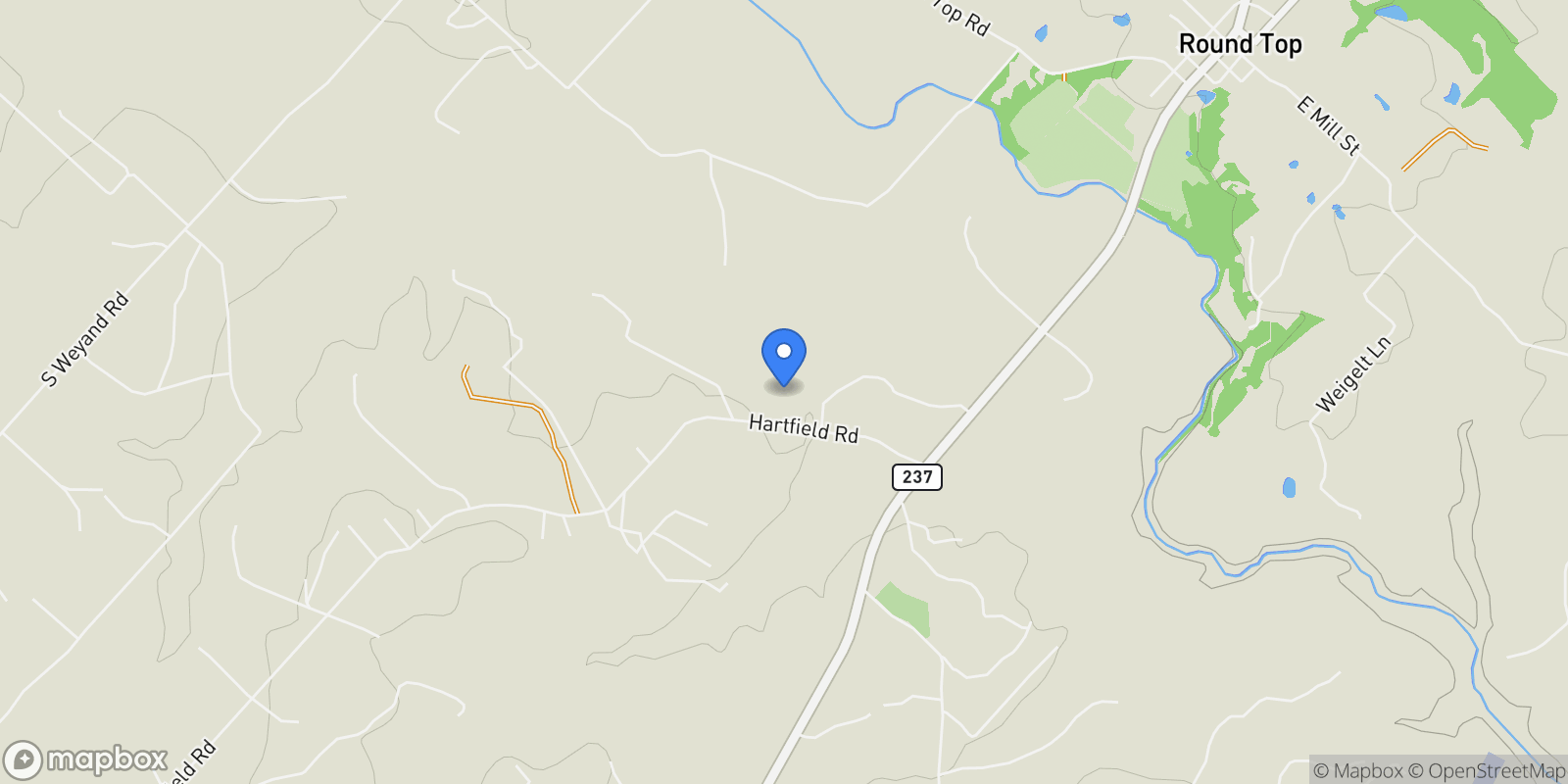 Map showing 2130 Hartfield Road, Round Top, TX 78954, Round Top, Texas, United States.