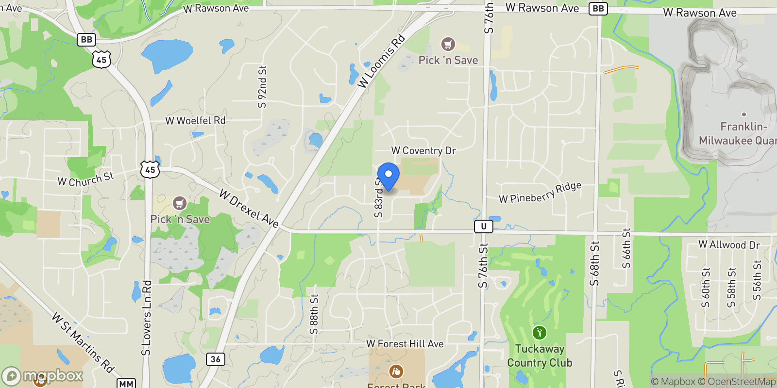 Map showing 8100 W Imperial Dr, Franklin, WI 53132, Franklin, Wisconsin, United States.