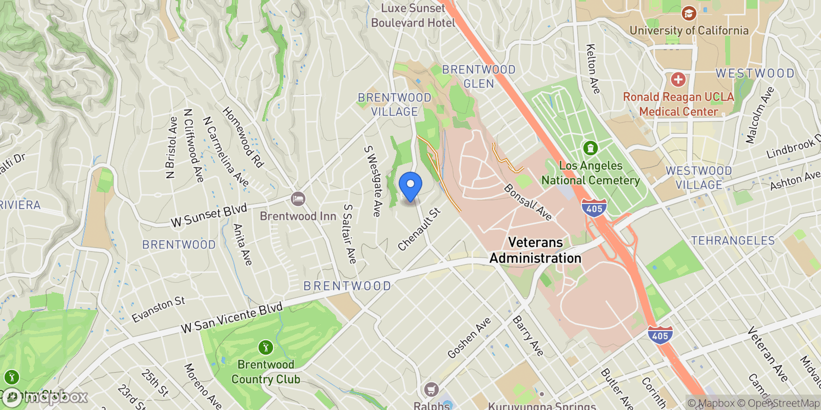 Map showing 575 S Barrington Ave, Los Angeles, California, United States.