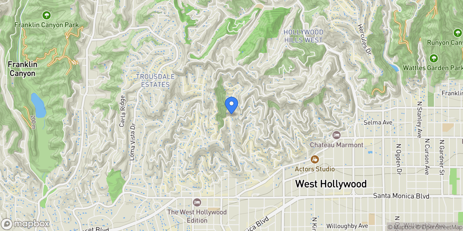 Map showing 1600 Rising Glen Rd, Los Angeles, California, United States.