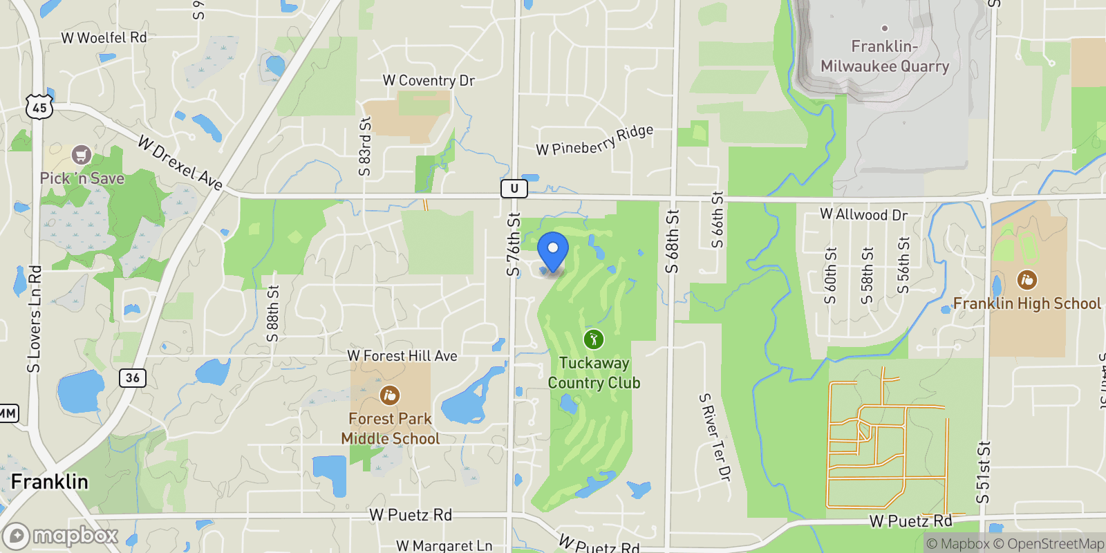 Map showing 7513 W Tuckaway Pines Cir, Franklin, WI 53132, Franklin, Wisconsin, United States.