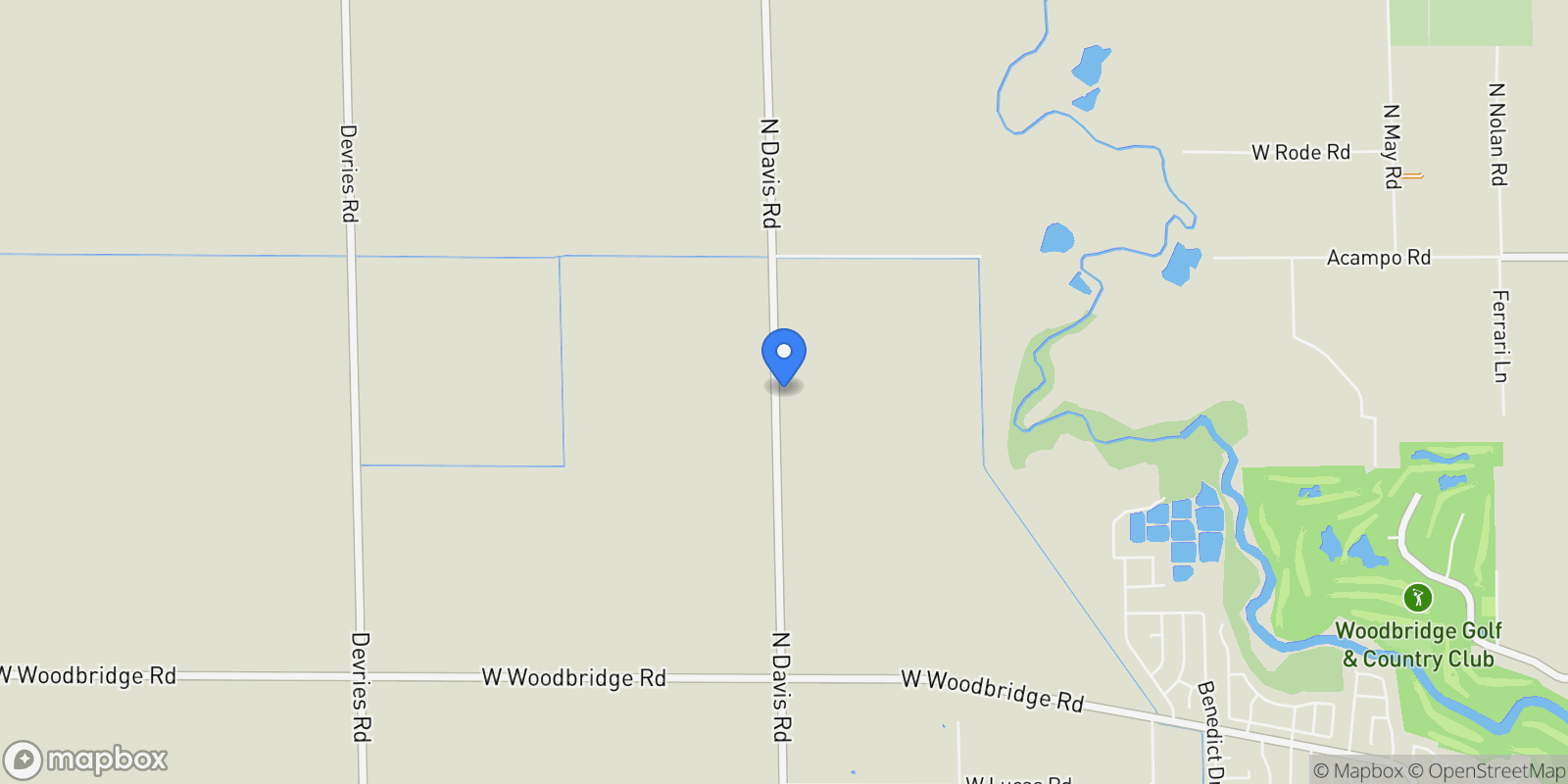 Map showing 20540 N Davis Road, Lodi, CA 95242, Woodbridge, California, United States.