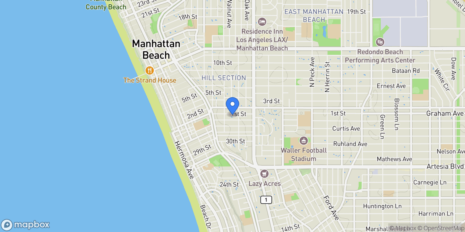 Map showing 934 1st St, Manhattan Beach, California, United States.