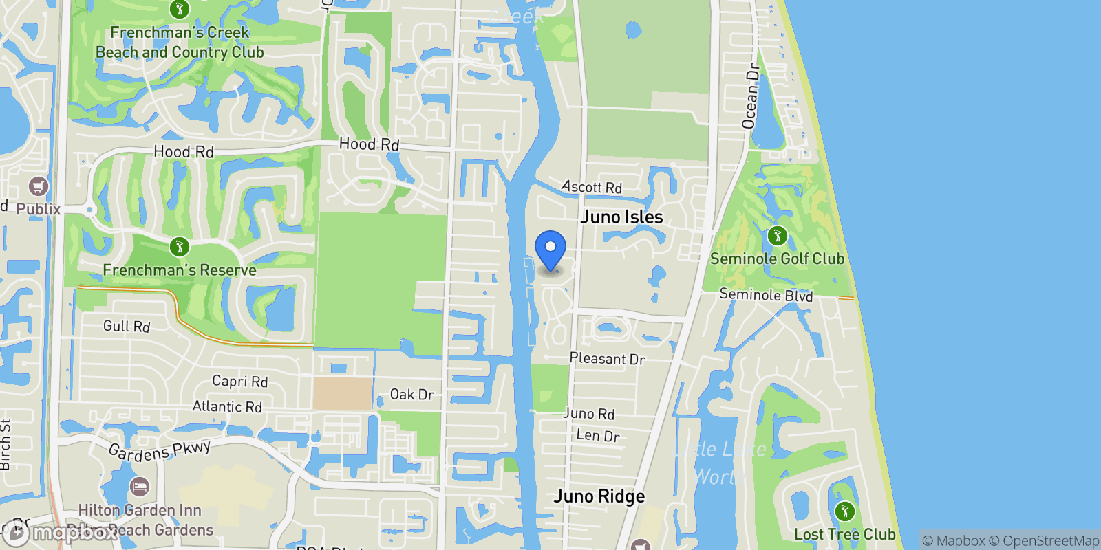 Map showing 832 Bay Colony Drive S, Juno Beach, FL, 33408, USA, North Palm Beach, Florida, United States.