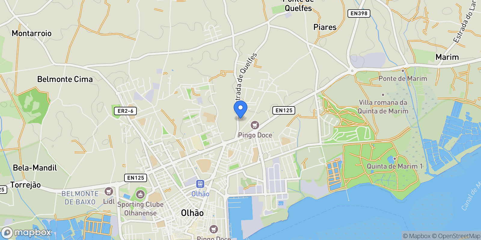 Map showing Olhão, Faro, Quelfes, Algarve, Portugal.