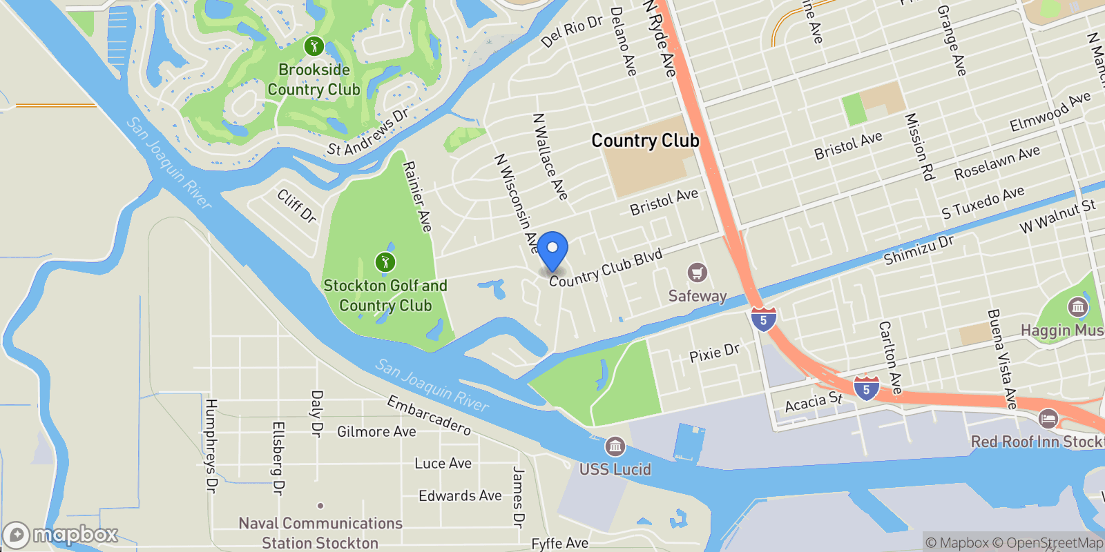 Map showing 3327 Country Club Boulevard, Stockton, CA 95204, Stockton, California, United States.