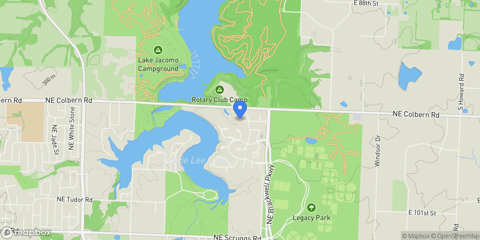 Map showing 2504 NE Woodland Oak Circle, Lee's Summit, MO 64086, Lake Lotawana, Missouri, United States.