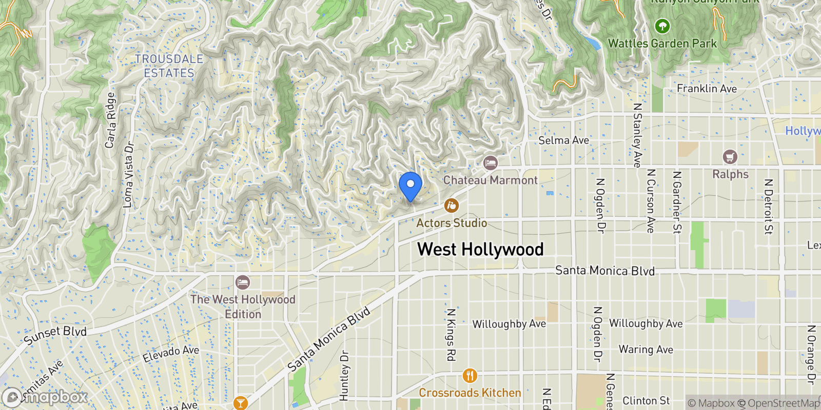Map showing 1417 Queens Rd, Los Angeles, California, United States.