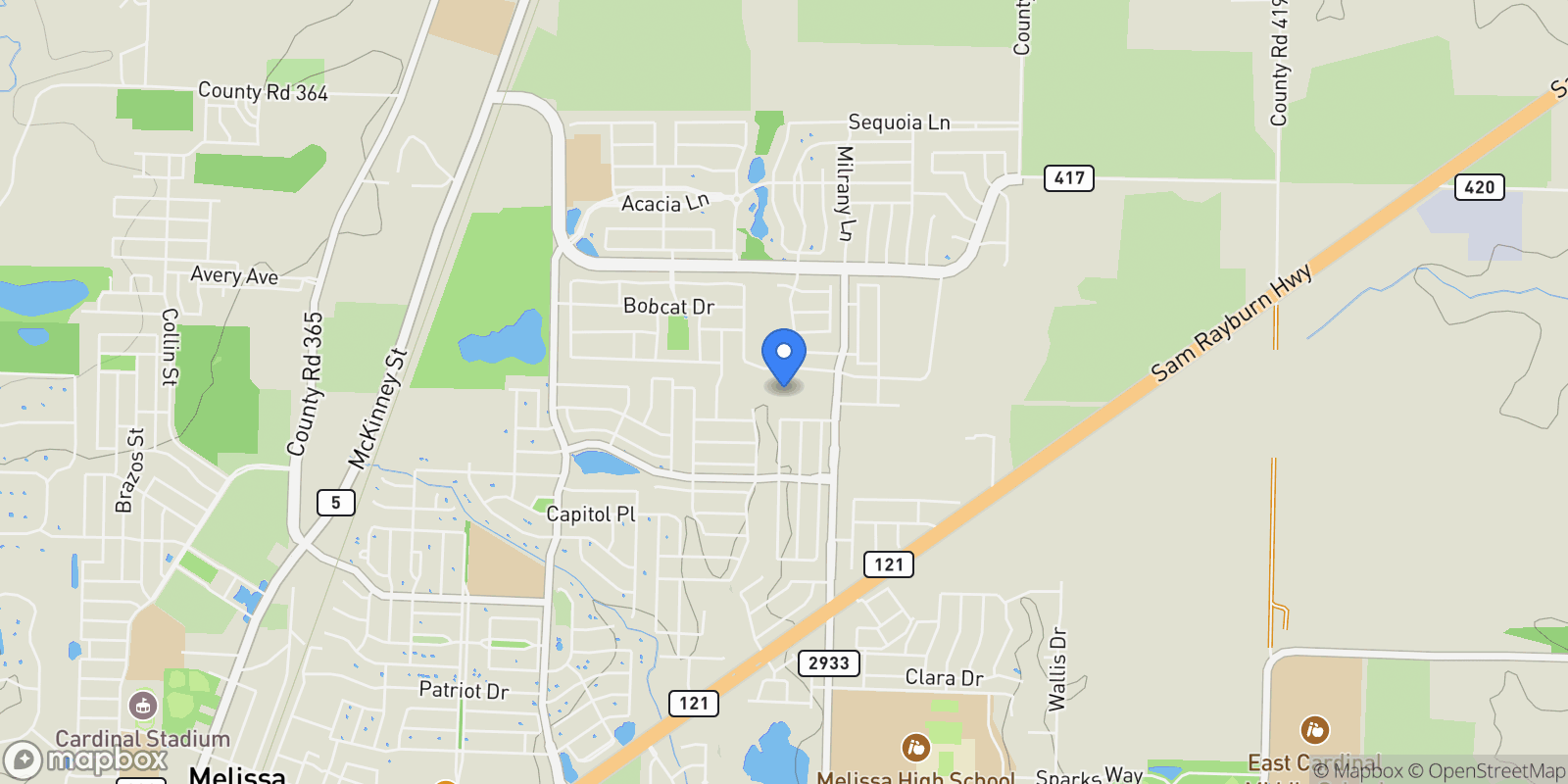 Map showing 3835 Milrany Lane, Melissa, TX 75454, Melissa, Texas, United States.