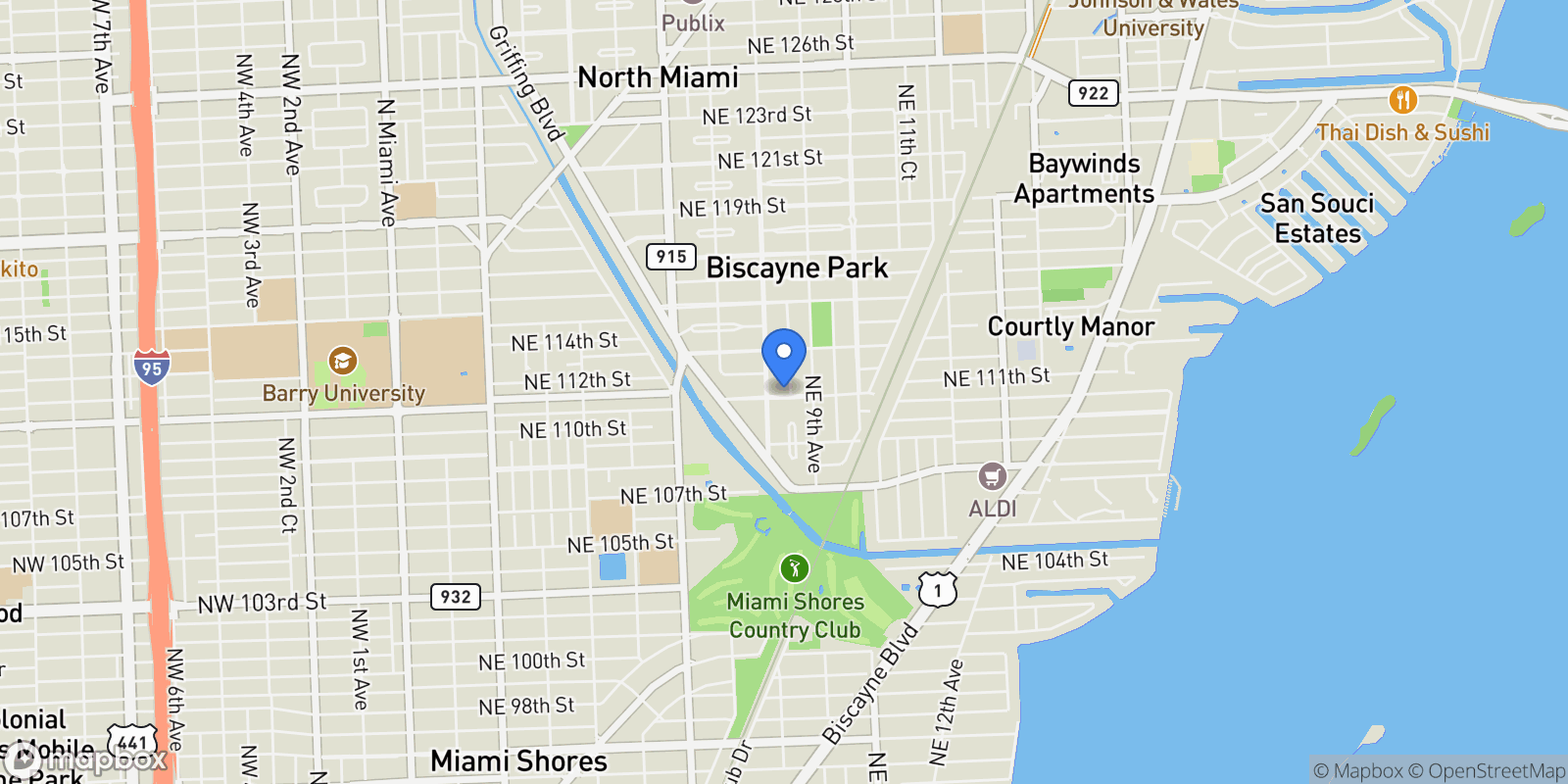 Map showing 855 NE 111th St, Biscayne Park, FL 33161, Miami, Florida, United States.