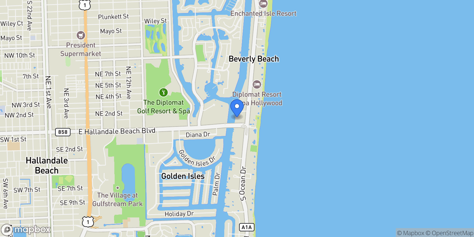 Map showing 4010 S Ocean Dr #R1609, Hollywood, FL 33019, Hollywood, Florida, United States.