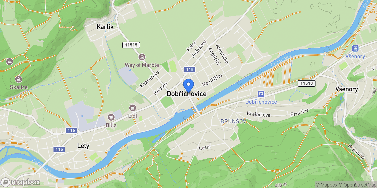 Map showing 252 29 Dobřichovice, Czechia, Dobřichovice, Central Bohemian Region, Czechia.