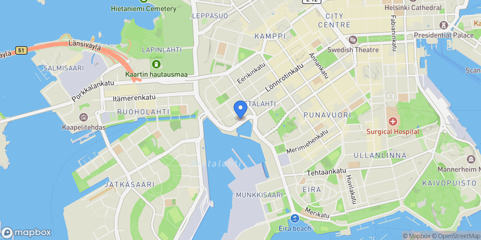 Map showing Hietalahdenranta 15, Helsinki, Uusimaa, Finland.