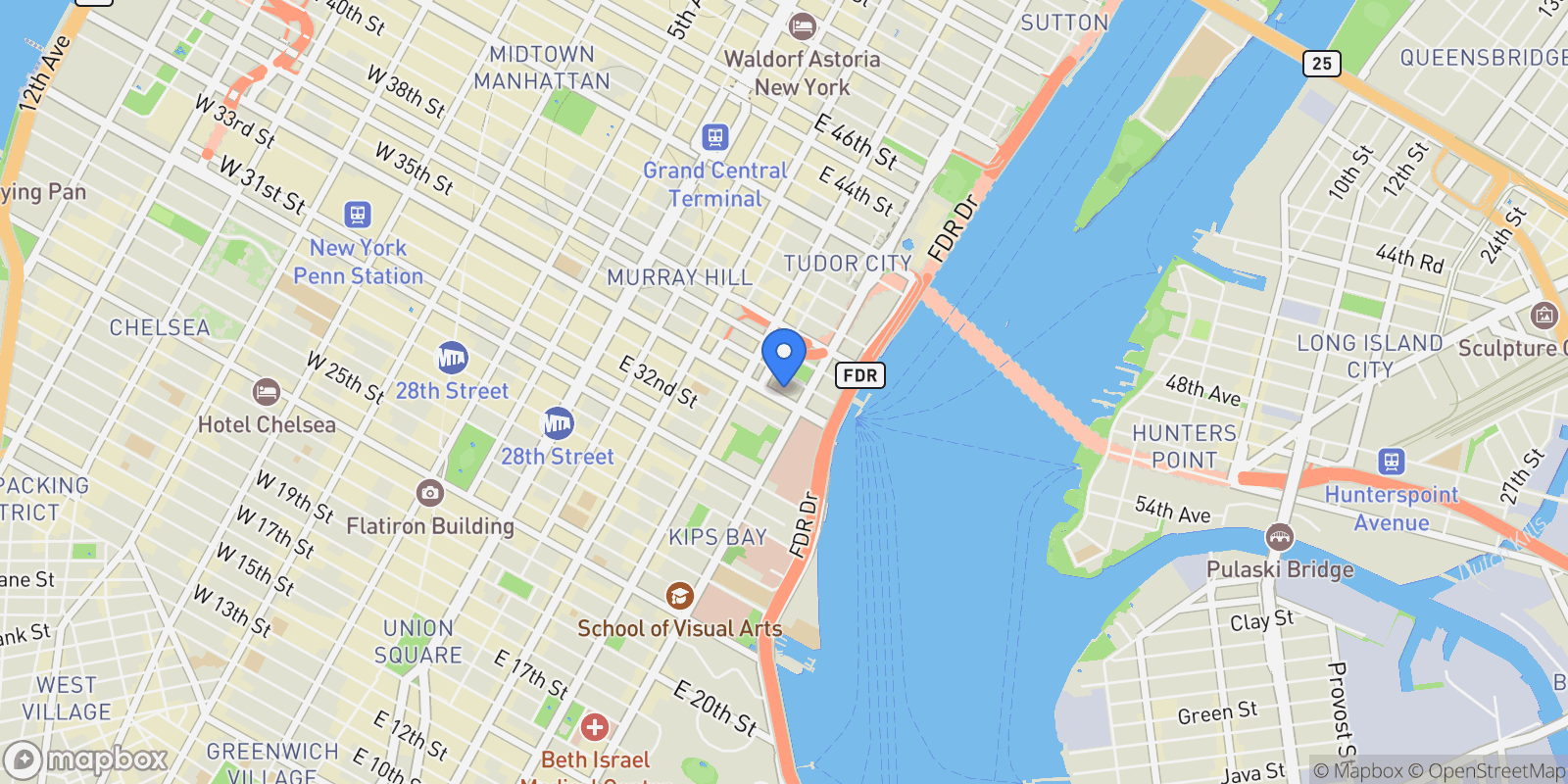 Map showing The Devon, 333 E 34TH ST, New York, New York, United States.