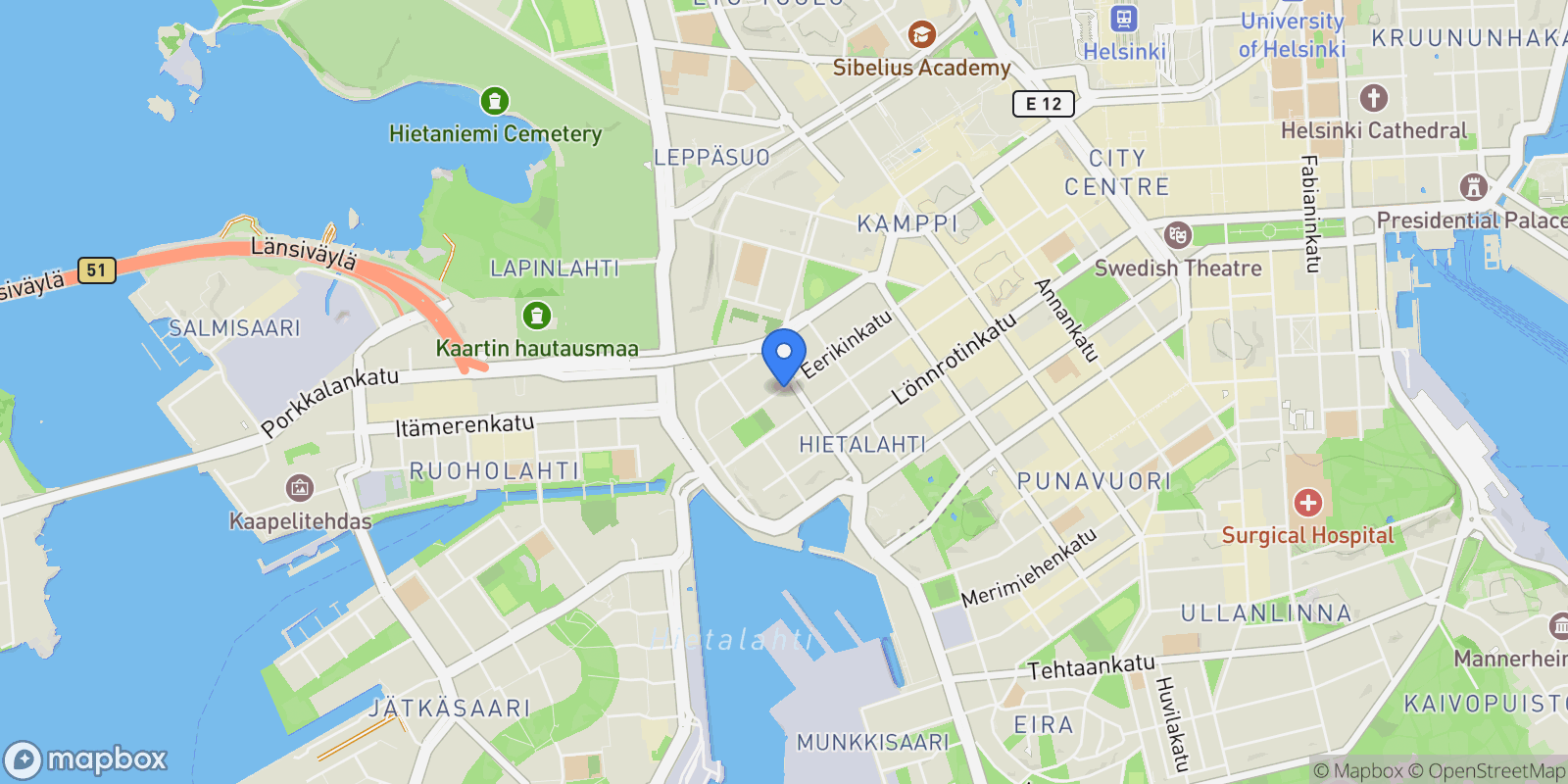 Map showing Eerikinkatu 48, Helsinki, Uusimaa, Finland.