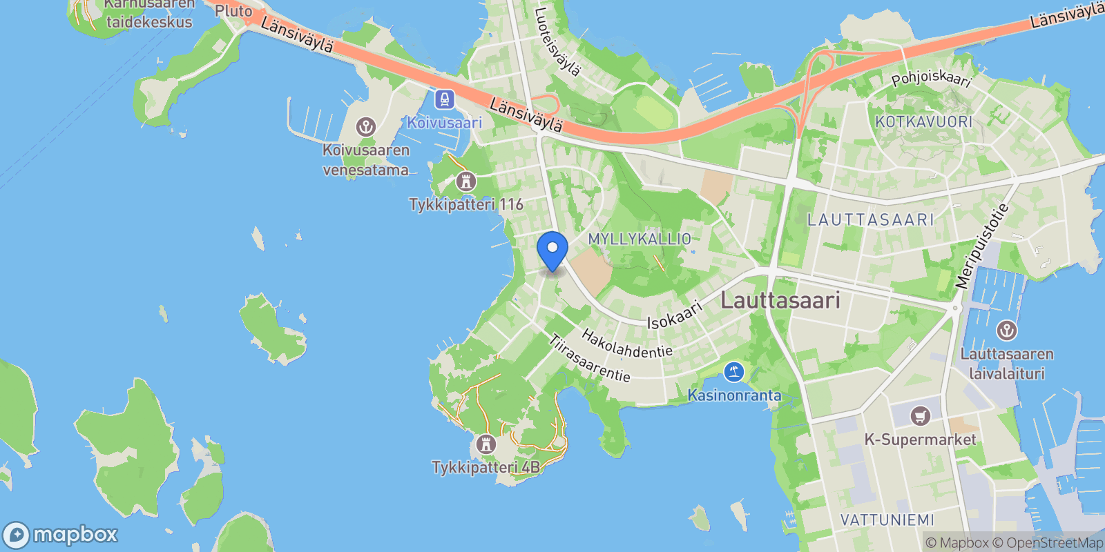 Map showing Lounaisväylä 19, Helsinki, Uusimaa, Finland.
