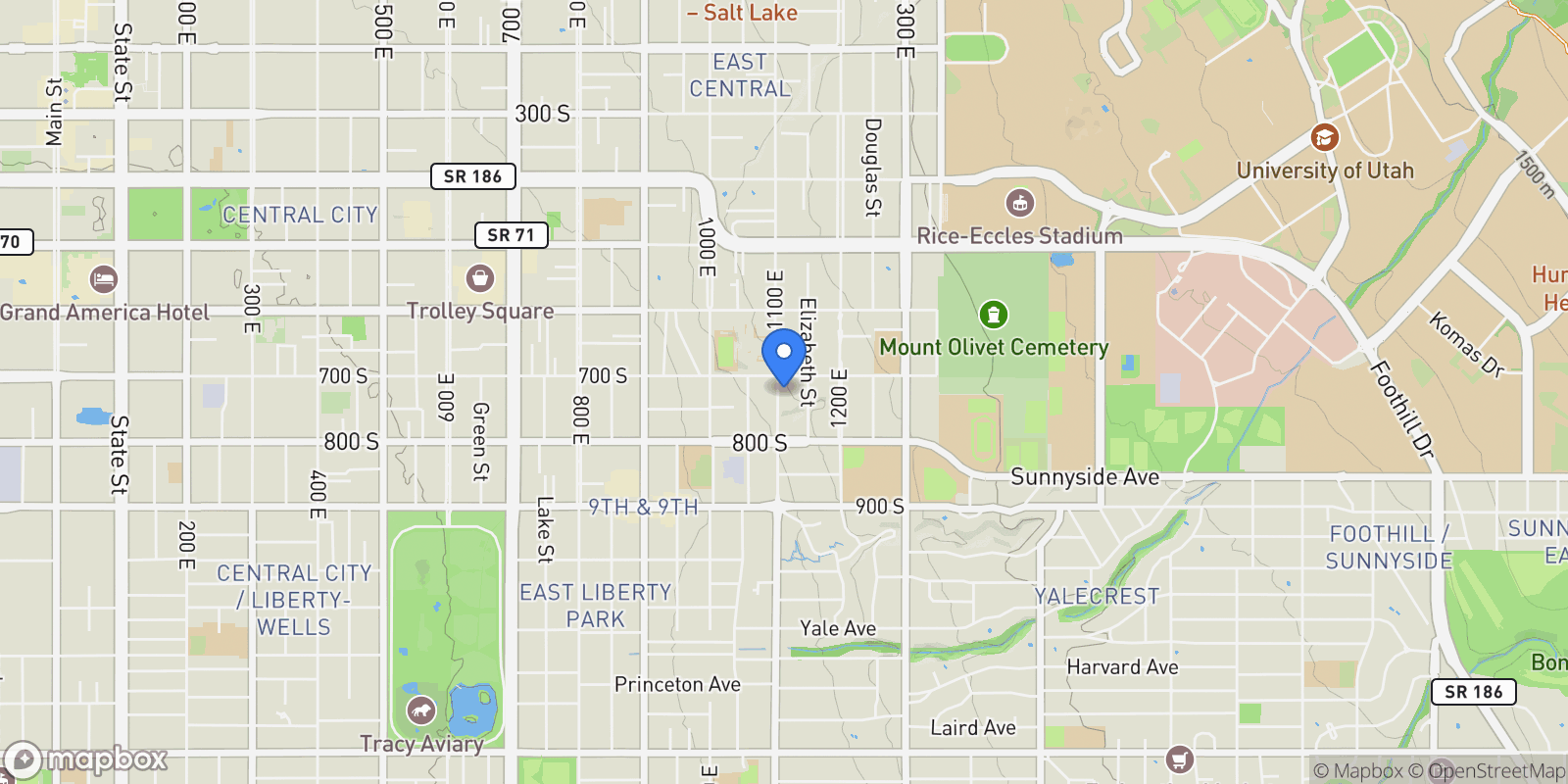 Map showing 715 S 1100 E, Salt Lake City, Utah, United States.