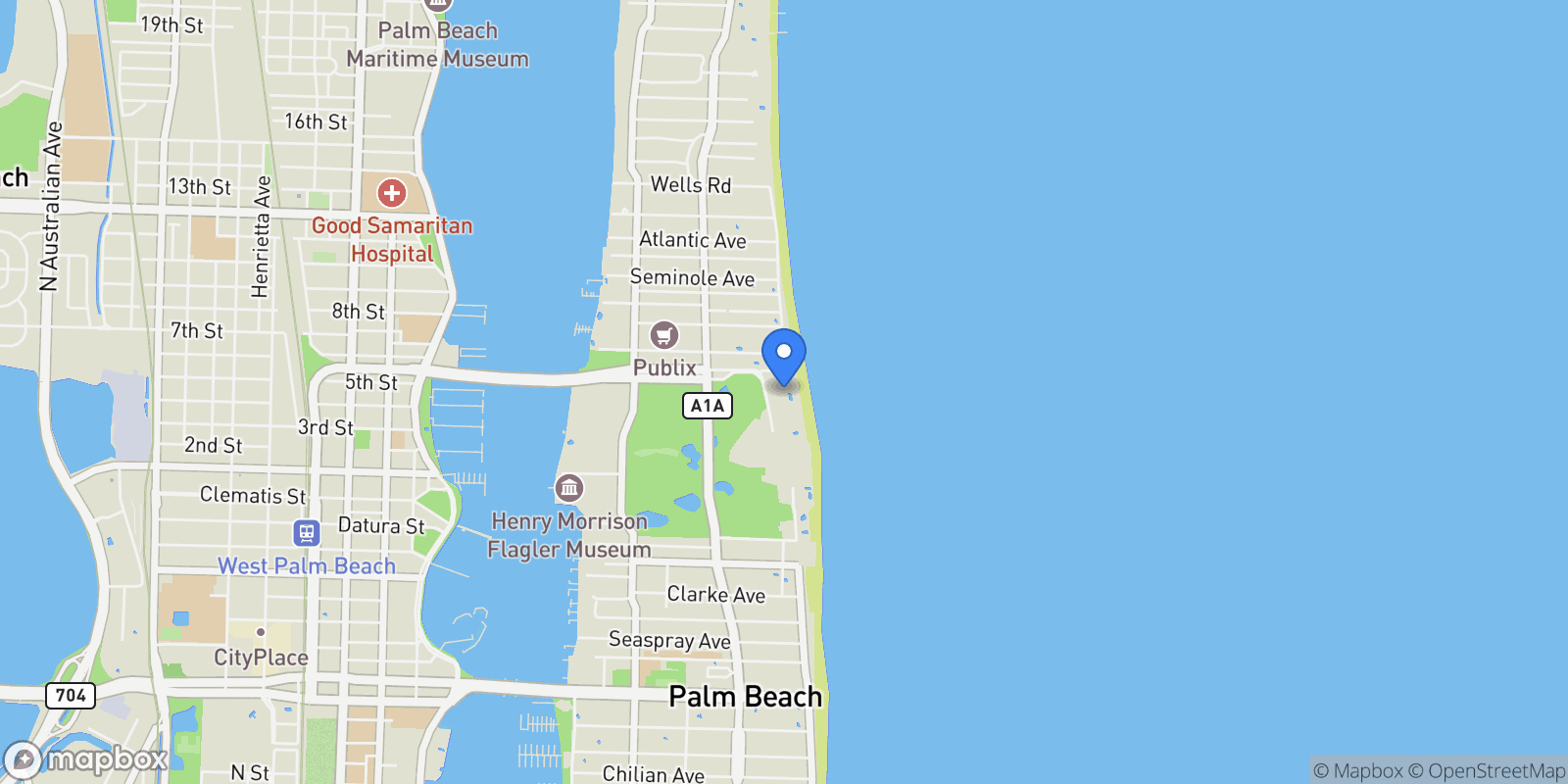Map showing 2 N Breakers Row, #N Ph4, Palm Beach, FL, 33480, USA, Palm Beach, Florida, United States.